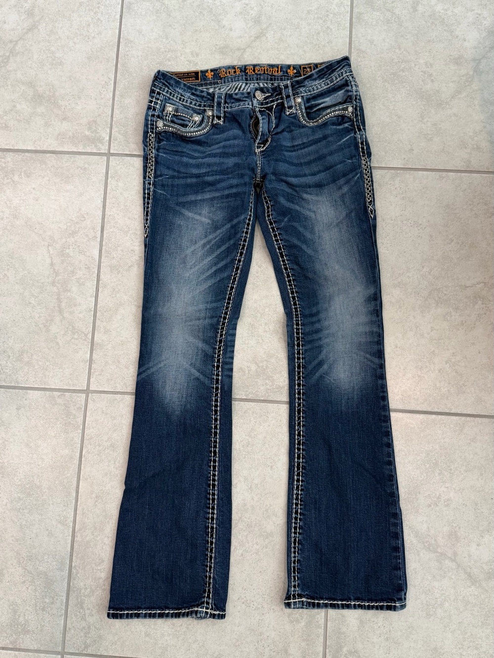 Rock Revival Dark Wash Low Rise Boot Cut Roselin with Contrast Stitching